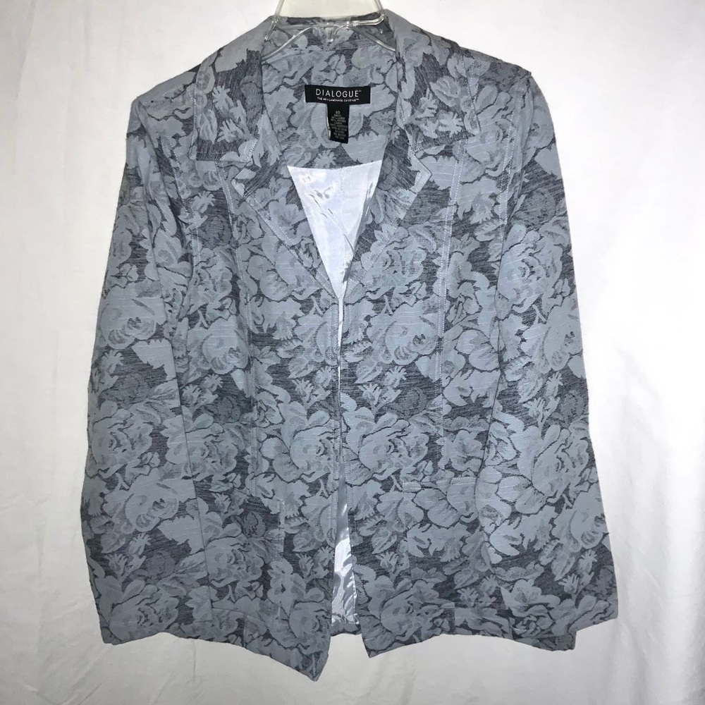 Dialogue Blue Gray Lined Floral Open Blazer Wm 10